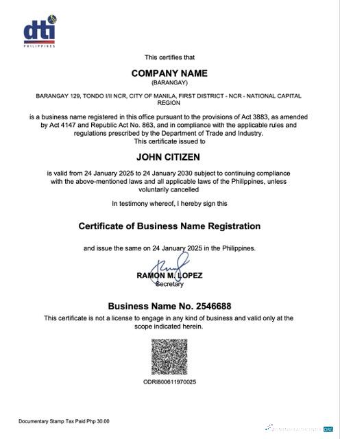 Philippines Barangay certificate of business name registration Word and PDF template